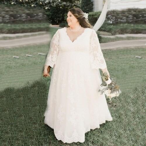 2021 Plus Size Bride Wedding Dresses Gorgeous Long Sleeves Lace V Neck Big Size Bridal Gowns Big Women Floor Length Custom Made