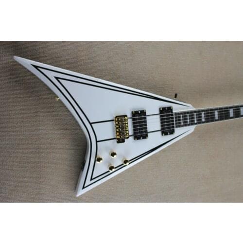 Custom 6 string guitar,irregular V shape black body ,shell inlay,golden bridge, HHpickups,white body