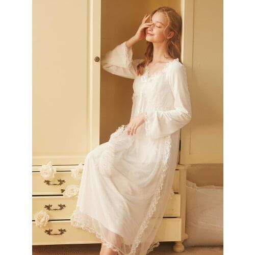 Free Shipping 2019 New Fall Rose Tree Princess Nightgown Womens Long Pajamas Sweet White Sleepwear Soft Modal Nightdress