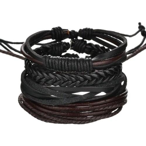 Fashion Casual Three Leather Strips Hand-Woven Bracelet Multi-Layers Mens Leather Adjustable Bracelet Jewelry Gift For Boy