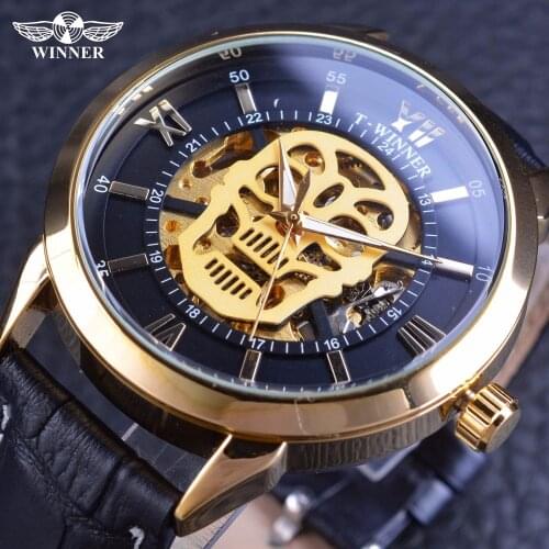 Winner 2017 Gold Skull Design Genuine Leather Belt Open Work Steampunk Mens Skeleton Watch Top Brand Luxury Automatic Wristwatch