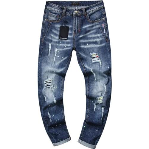 DSQBRAND jeans mens ripped holes + embroidery trousers Slim stretch straight jeans casual fashion personality 2021 blue new