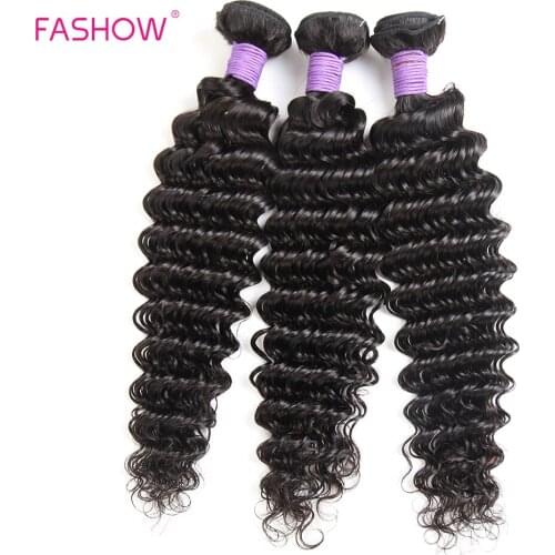 Fashow Indian Deep Wave Hair 3 Pieces Bundles Weave 100% Human Hair Natural Black Color Remy Hair Extension For Black Women