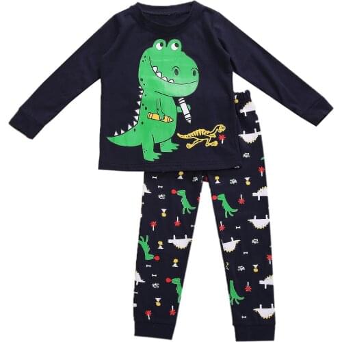 New Little Boy Long Sleeve T-shirt + Trousers, Dinosaur Print Thread Closing Classic Round Neck Spring Pajamas