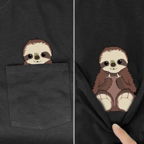 Animal Cotton Pocket T-Shirt Fashion Pocket Sloth Middle Finger Printed Tshirts Men Women Shirts Hip Hop Tops Funny Cotton Tees