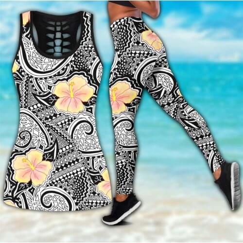 Amazing Polynesian Tattoo And Hibiscus 3D Printed Hollow Tank Top & Leggings Set Fitness Female Full Length Leggings DDK75