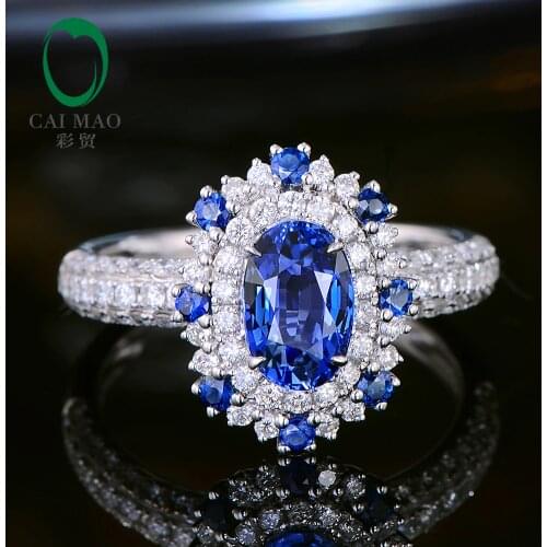 CaiMao 1.57ct Natural Sapphire Ring with Halo Diamonds 18kt White Gold Engagement Wedding Jewelry