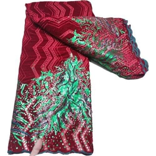 Red Sequins African velvet Lace Fabric Diy Dresses French Mesh Lace Fabric Sequin Nigerian Lace For Women Party Wedding Dress