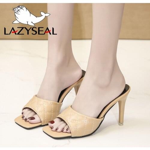 LazySeal 9cm Heels Slides Mules Shoes Women High Heels New Summer Peep Toe Womans Shoes Ladies Slippers Plus Size 34-44