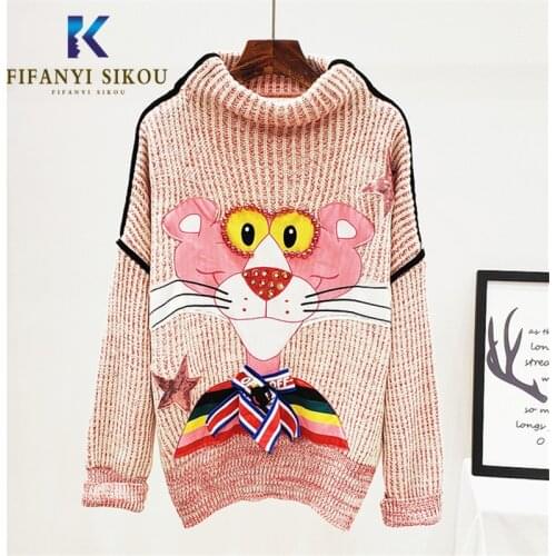 Fashion Cartoon Turtleneck Sweater Women Sequin Beading Long sleeve Pullover Loose Tops Female 2019 Autumn New Knitting Sweter