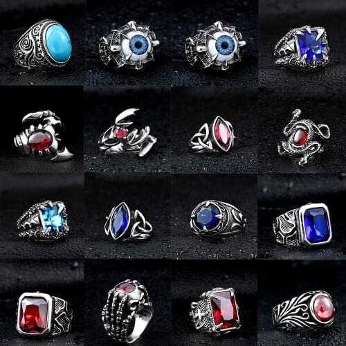 Red Crystal Mens Ring For Women 316 Stainless Steel Blue Green CZ Stones Snake Dragon Rings Skeleton Skull Punk Vintage Jewelry