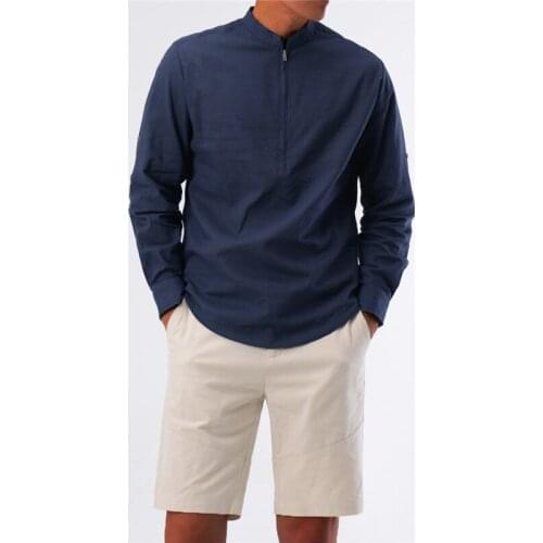 Mens Slim-Fit Long Sleeve Pullover Stand Collar Long-Sleeve Zipper Shirt