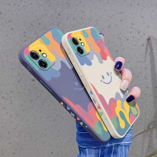 Side Print Cartoon Watercolor Smile Face Phone Case For iPhone 11 12 Pro Max XR XS Max 7 8 Plus Soft Silicone Ice Cream Cover