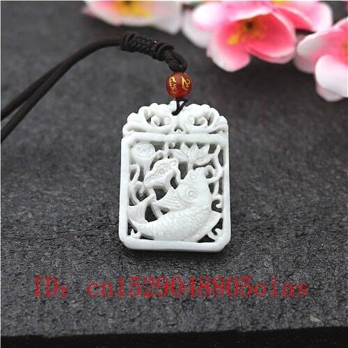 Natural White Chinese Jade Carp Lotus Pendant Necklace Charm Jewelry Double-sided Hollow Carved Fish Amulet Gifts for Her