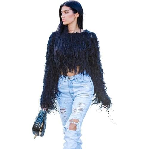 Autumn Winter Long Sleeve Knitted Tassel Crop Top Sweater Women Elegant O-neck Pullover Knitwear Warm Coat Black Ladies Jumpers
