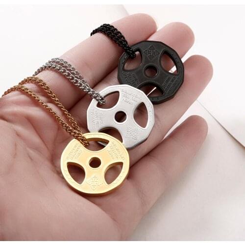 DXJEL Titanium Stainless Steel Fitness Gym Necklace Weight Plate Barbell Weightlifting Bodybuilding Exercise Jewelry
