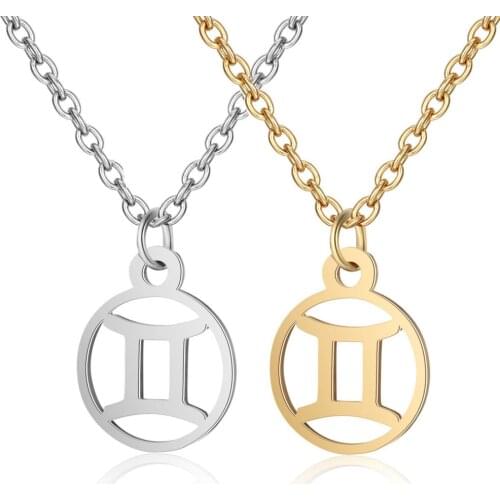 2pcs Gemini Stainless Steel Constellation Pendant Necklace Round Coin Zodiac Sign Statement Silver Gold Necklace For Women