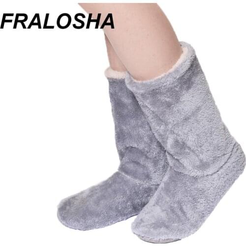 FRALOSHA Long tube Slippers Cotton slippers Women Winter Warm Home Cotton-padded Shoes Winter Soft bottom Indoor Plush Slippers