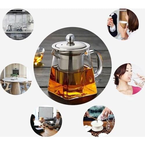 Heat Resistant Glass Teapot Borosilicate Square Glass Teapot Clear Kettle Tea Infuser Filter Baskets Convenient Office Tea Pot