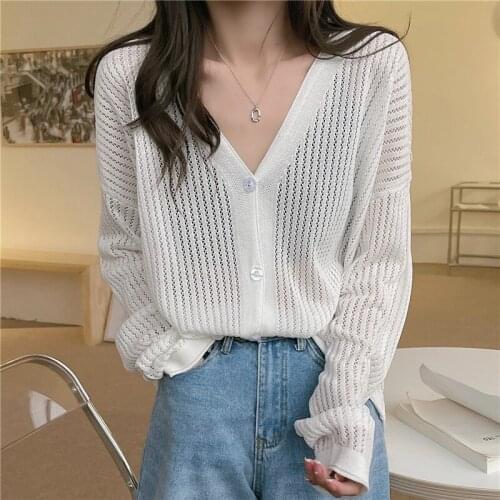 Summer Thin Sweaters Cardigan Femme Women Korean Fashion Elegant All Match Tops Sueters De Mujer Solid Loose Long Sleeve