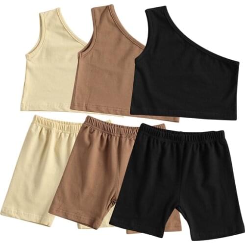 FOCUSNORM 0-4Y Summer Fashion Girls Clothes Sets 2pcs Solid One Shoulder Sleeveless Vest Tops Shorts 4 Color