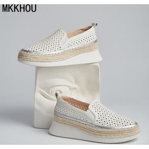 MKKHOU Fashion Single Shoes Women New Summer Shoes Genuine Leather Hollow Breathable Thick-soled Casual Lightweight Shoes Women