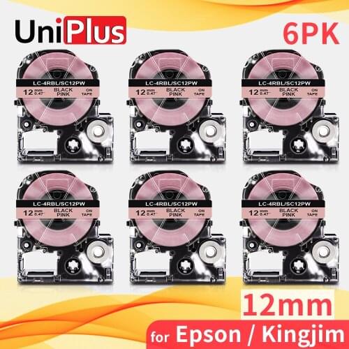 UniPlus 6PK Black on Pink Label Tape Replacement Kingjim Epson Label Printer SC12PW 12mm 1/2" Ribbon Tape for Epson Label Maker