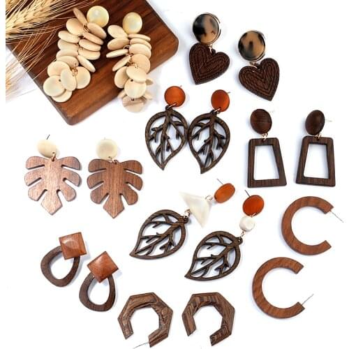 Multiple Vinatge Leaf Shaped Wooden Drop Earrings Brown Color Wood Korean Long Dangle Earrings For Women Fashion Jewelry 2021