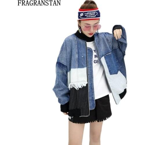 New Spring Autumn Women Casual Loose Batwing Sleeve Denim Coat Female Frayed Striped Patchwork Vintage Washed Jackets JQ135