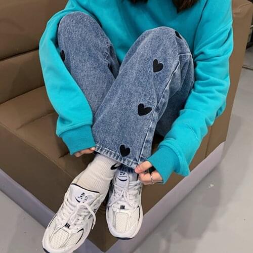 Shnsophi Streetwear Women Highwaist Jeans 2021 Heart Embroidery Wide Leg Long Pants Vintage Casual Baggy Straight Denim Trouser