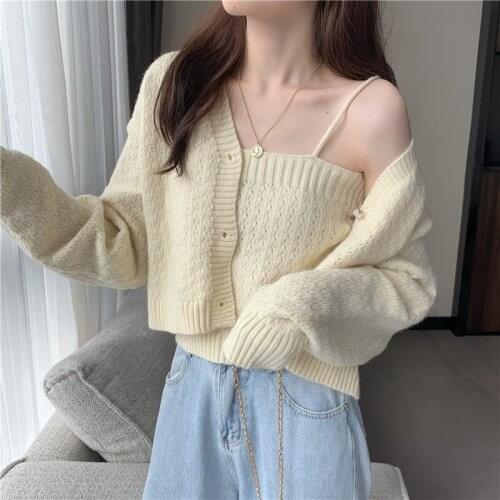 Korean Knitted Two Piece Set Women Long Sleeve Knit Sweater Cardigan + Spaghetti Strap Crop Top Ladies Slim Camisole 2 Piece Set