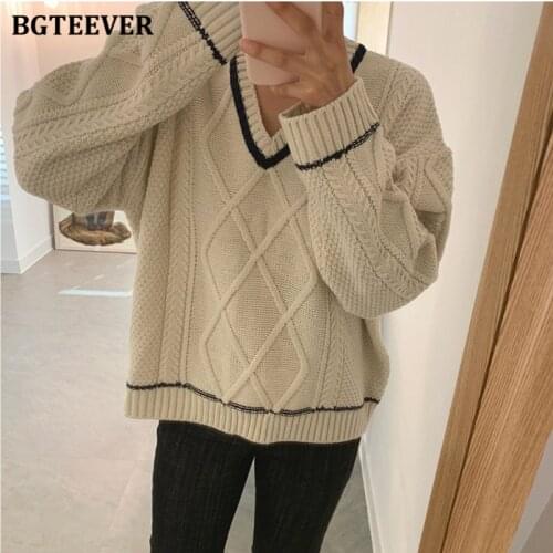 BGTEEVER Vintage Thick V-neck Women Pullover Sweater Autumn Winter Loose Warm Argyle Full Sleeve Female Knit Jumpers 2020
