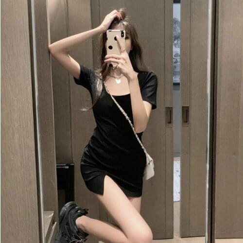 Fashion Temperament black dress 2021Summer Sexy Womens Square collar Split fork short skirt