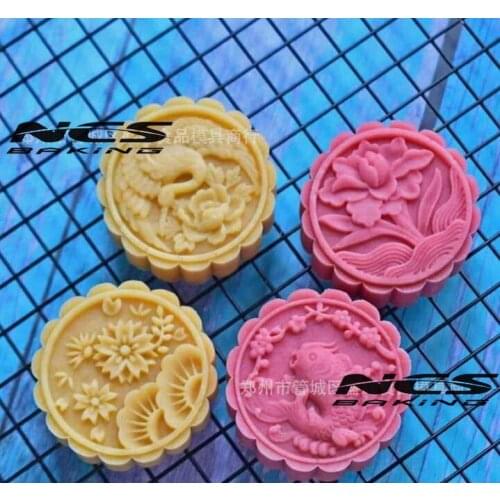 75g round shape fish flower design Mooncake mung bean cake Molds mould with 4 Stamps plastic hand pressure , 50sets/lot