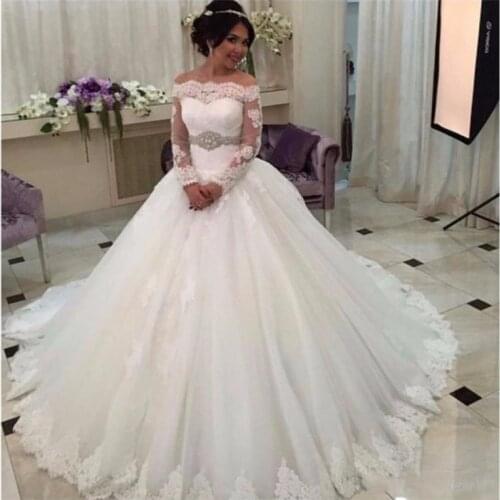 E JUE SHUNG Off the Shoulder Ball Gowns Weeding Dresses Long Sleeve Saudi Arabia Lace Appliques Crystal Sash Button Bride Gowns