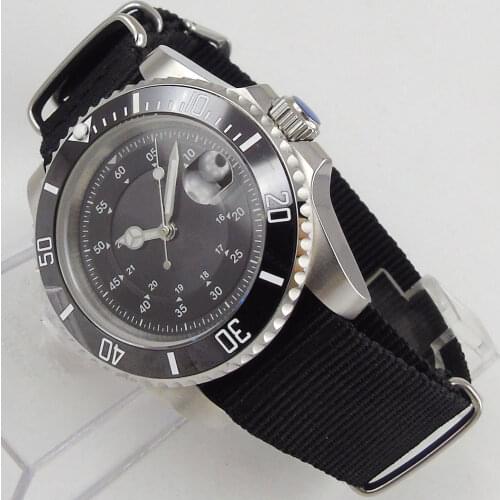 New 40mm Black Sterile Dial Sapphire Glass Miyota Nylon Strap Date Window Automatic Movement Self Winding Mens Watch