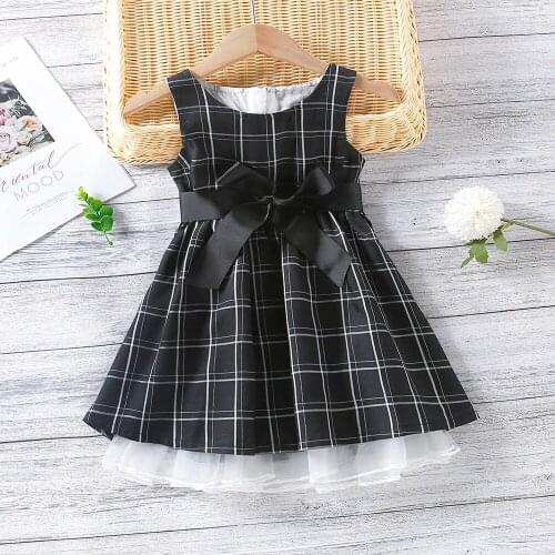 Black Plaid Girls Princess Dress 2021 New Summer Sleeveless Kids Party Clothes Bow Toddler Children Costume 2 3 4 5 6 Year