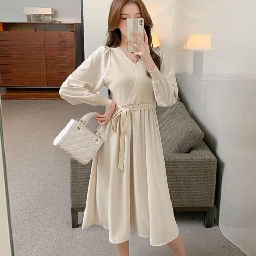 Elegant Dresses For Women Knit Sweater Stitching A-Line Dress 2021 Autumn Winter New One Piece Korean Casual WomenS Dresses
