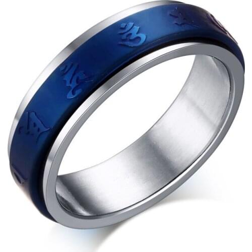 New Trendy 6 mm Thin Charm Buddhism Sanskrit Mantra Men Ring Stainless Steel Blue Silver Drop Shipping Religious Jewelry Gift