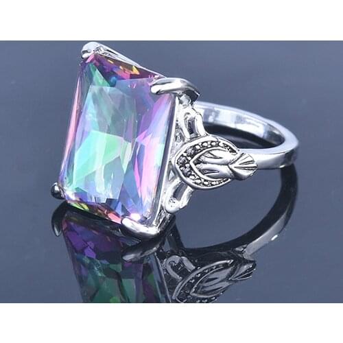 Vintage carving Square multicolor crystal zircon gemstones rings for women white silver color jewelry fashion party accessories