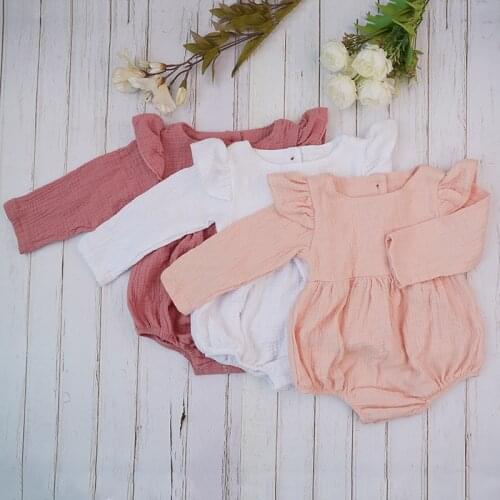 Organic Cotton Baby Girl Clothes Autumn New Kids Ruffle Long Sleeve Romper Jumpsuit Hat 2pcs Dusty Pink Playsuit For Newborn 6M