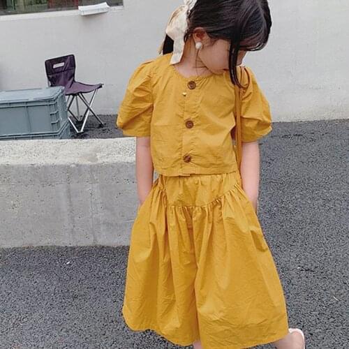 Girls' Suit Short Washed Cotton Comfortable Top And Nine-Point Pants 21 Summer New ChildrenS Wear