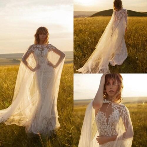 2021 New Lace Wedding Dresses with Cape V Neck Appliques Bridal Gowns Customized Button Back Sweep Train Mermaid Wedding Dress