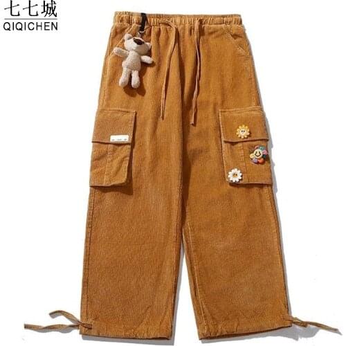 Bear Pendant Pant Men Japanese Streetwear Corduroy Pants Women Vintage Cargo Pants Pockets Oversized Wide Leg Straight Trousers