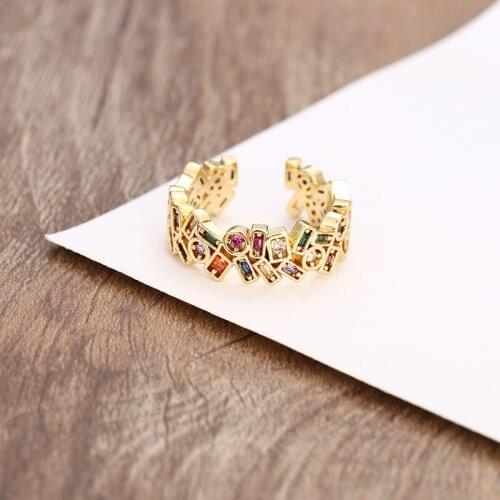 Fashion Womens gold cz open ring adjustable rainbow ring Wedding rings Multicolored crystal copper ring for women