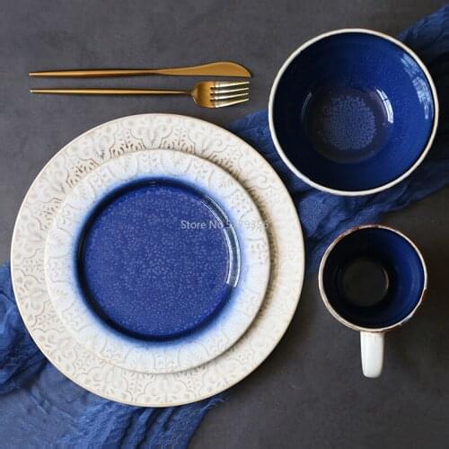 European-style Retro High-quality Embossed Plate Bowl Set Cup Creative Household Western Plate Large Plate Salad Bowl