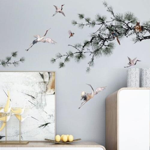 Chinese Style Tree Wall Stickers Pine White Crane Home Office Decor Teenager Room Vintage Wallstickers Living Room Bedroom Art