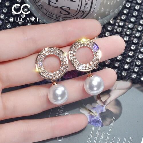 CHUCARI 2019 New Fashion S925 Silver Jewelry Shining Crystal Round Drop Earrings For Women Geometry Simulated Pearl New Design