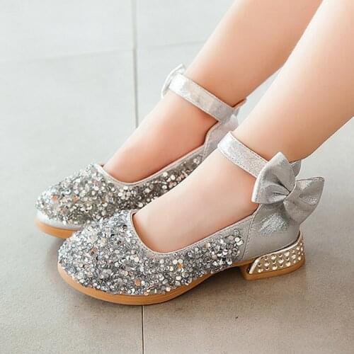 2020 new big girls shoes kids wedding shoes girls bow princess shoes baby flash dance shoes silver 3-14 years old