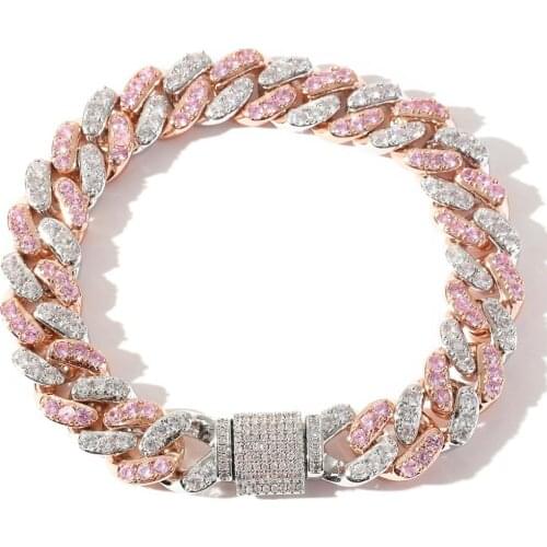 New Fashion Charm Arrivals Hip Hop Mens Iced Pink Crystal Zircon Bangle Bracelet Jewelry 12mm Pave Cuban Link Chain Bracelet